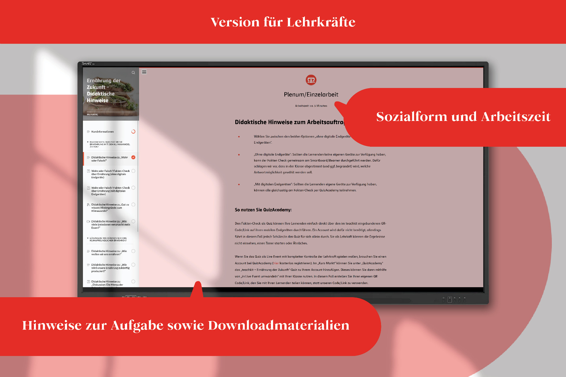 In der Version für Lehrkräfte sind Sozialform und Zeitaufwände für Aufgaben sowie Downloadmaterialien enthalten