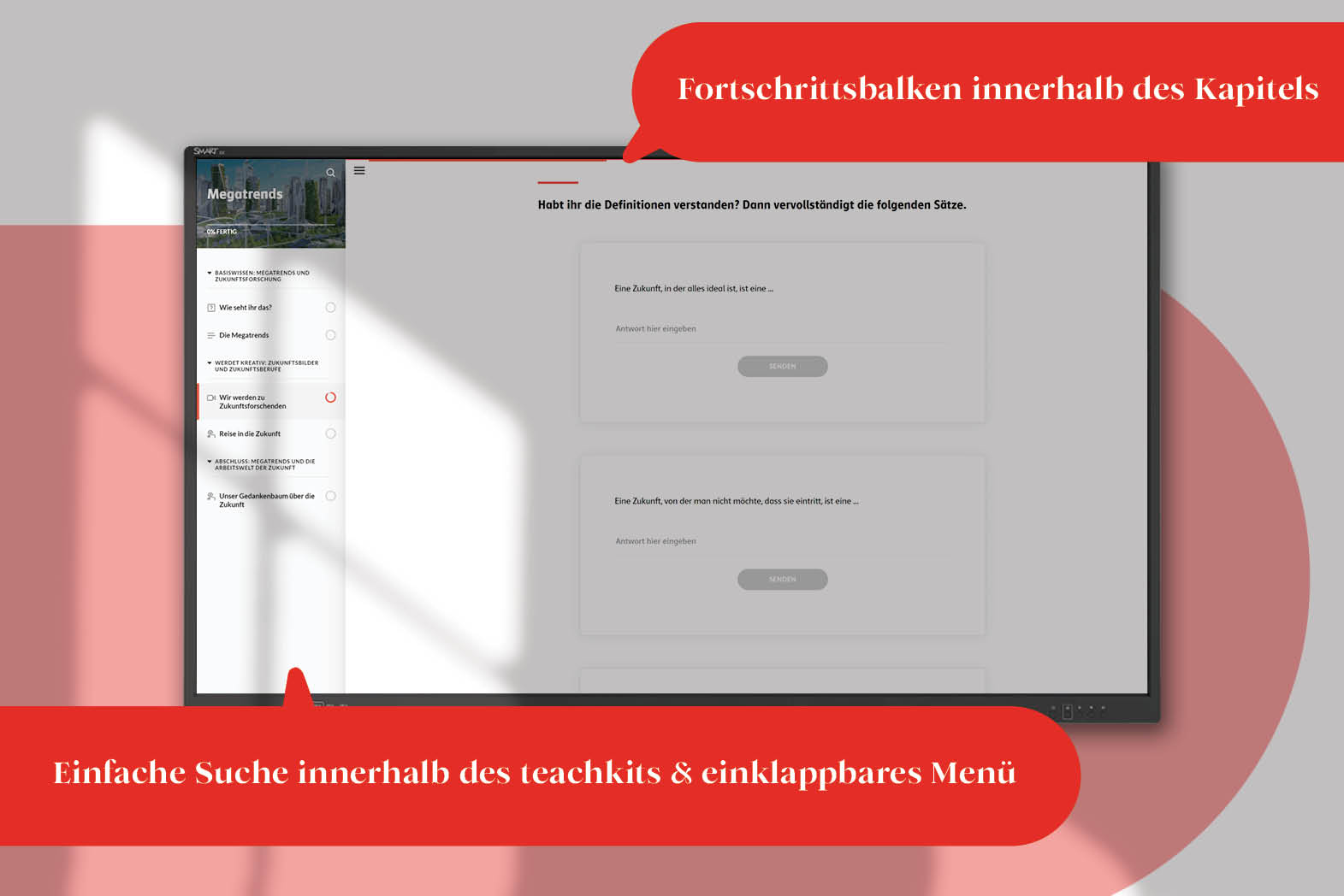 Einklappbares Menür und Fortschrittsbalken innerhalb des Kapitels