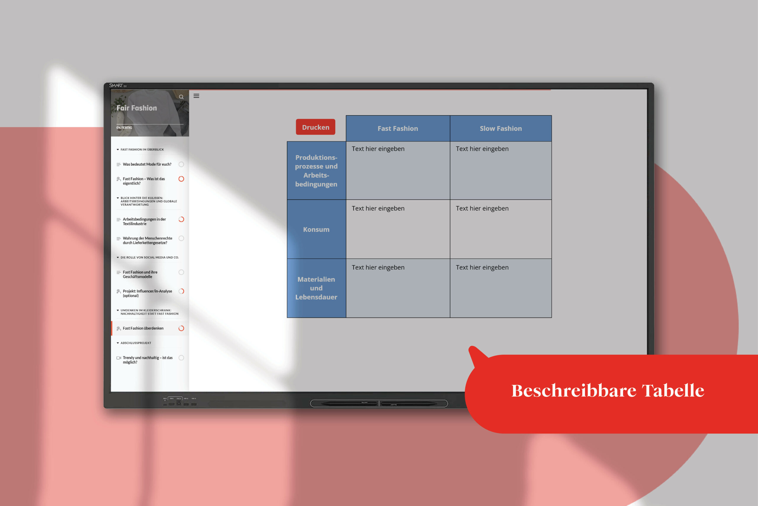 Beschreibbare Tabelle: Blick ins Produkt: Beschreibbare Tabelle. Die Ergebnisse können gedruckt werden.