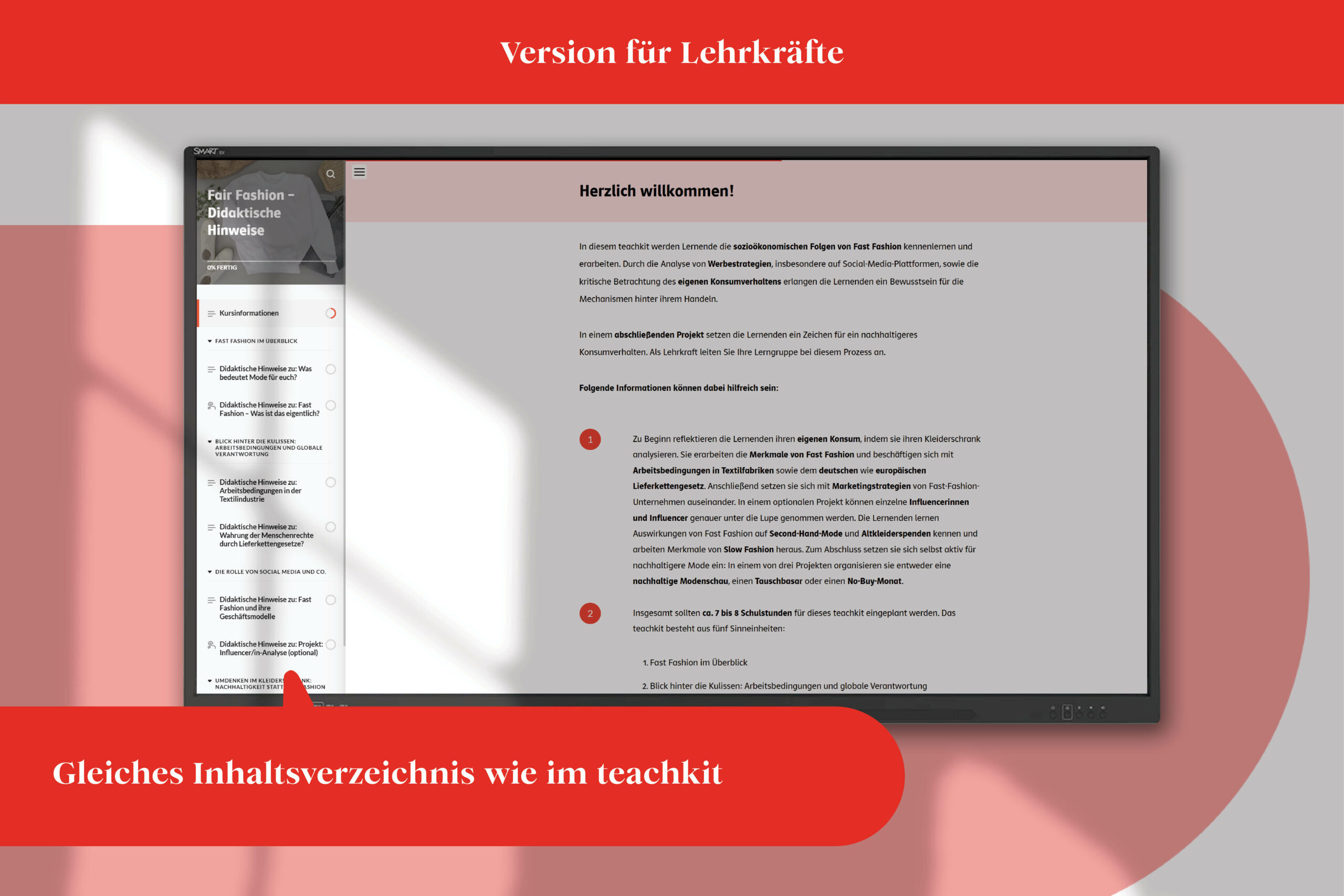Blick ins Produkt: Version für Lehrkräfte: Das Inhaltsverzeichnis ist dasselbe wie im teachkit, zusätzlich gibt es vor den Aufgaben einen Einführungsbereich für die Lehrkraft.