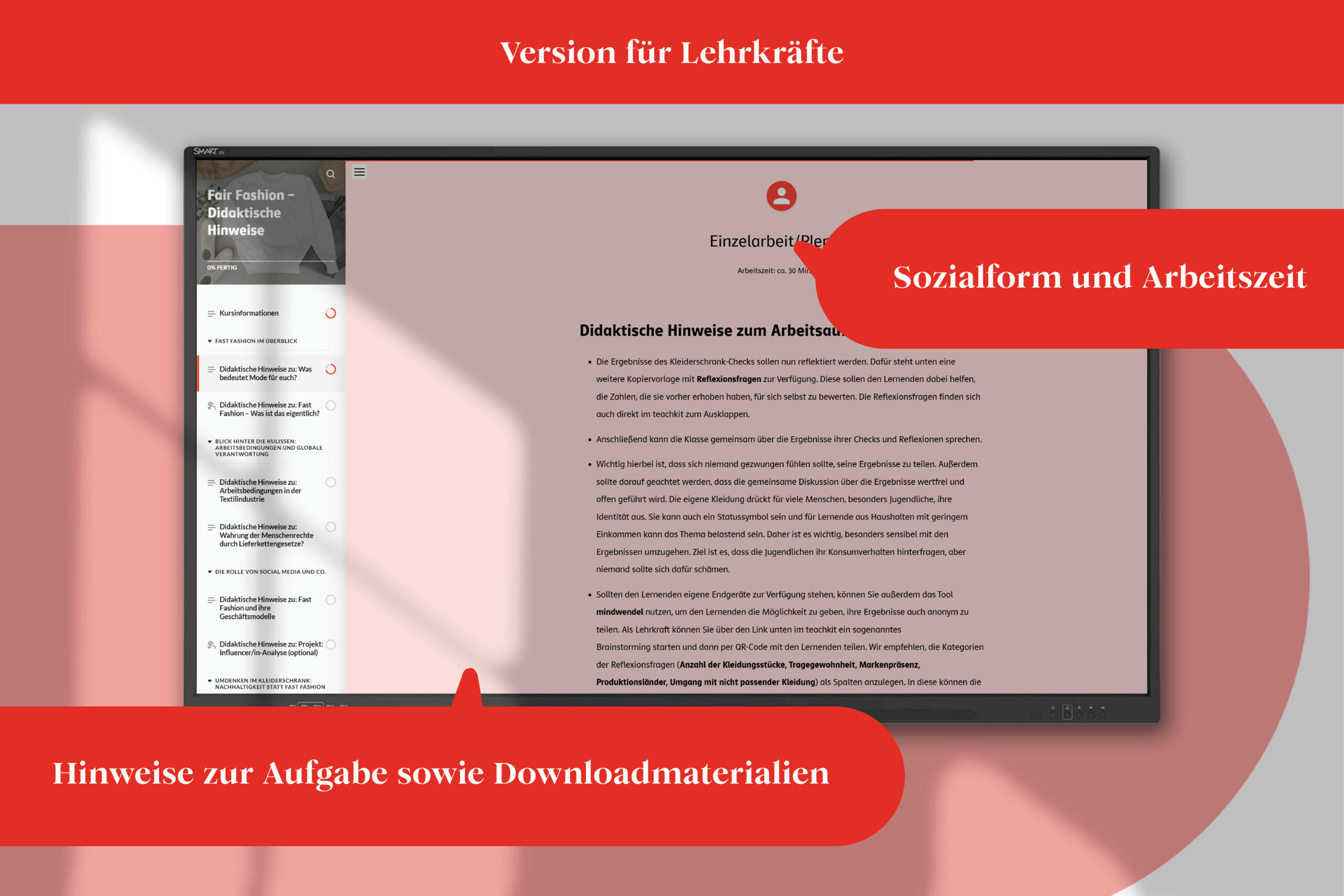 Blick ins Produkt: Version für Lehrkräfte: Vor jeder Aufgabe gibt es didaktische Hinweise. Sie entahalten empfohlene Sozialform und Arbeitszeit, außerdem zusätzliche Informationen, Erwartungshorizonte und Downloadmaterialien wie Kopiervorlagen.