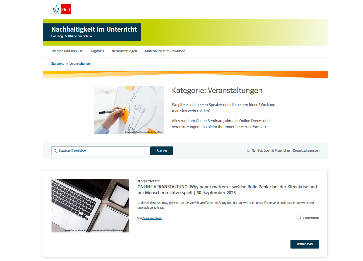 Screenshot Kategorie Veranstaltungen Redesign Nachhaltigkeitsblog